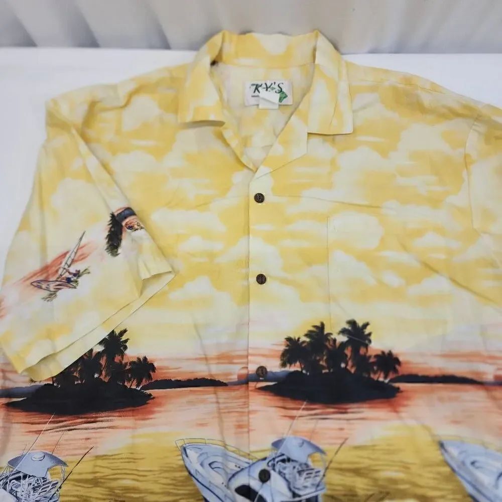 Ky's Size XL Sunset Cruising Yellow Cotton Poplin Men's Hawaiian Shirt M5
